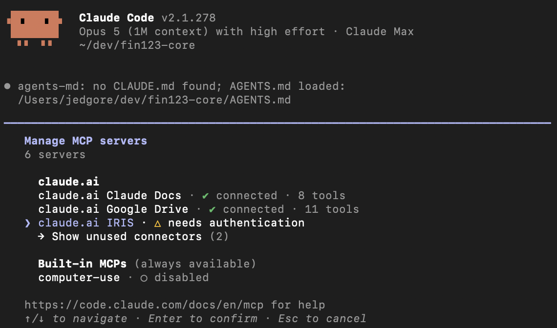 Claude Code's Manage MCP servers screen listing the claude.ai IRIS connector alongside Claude Docs and Google Drive