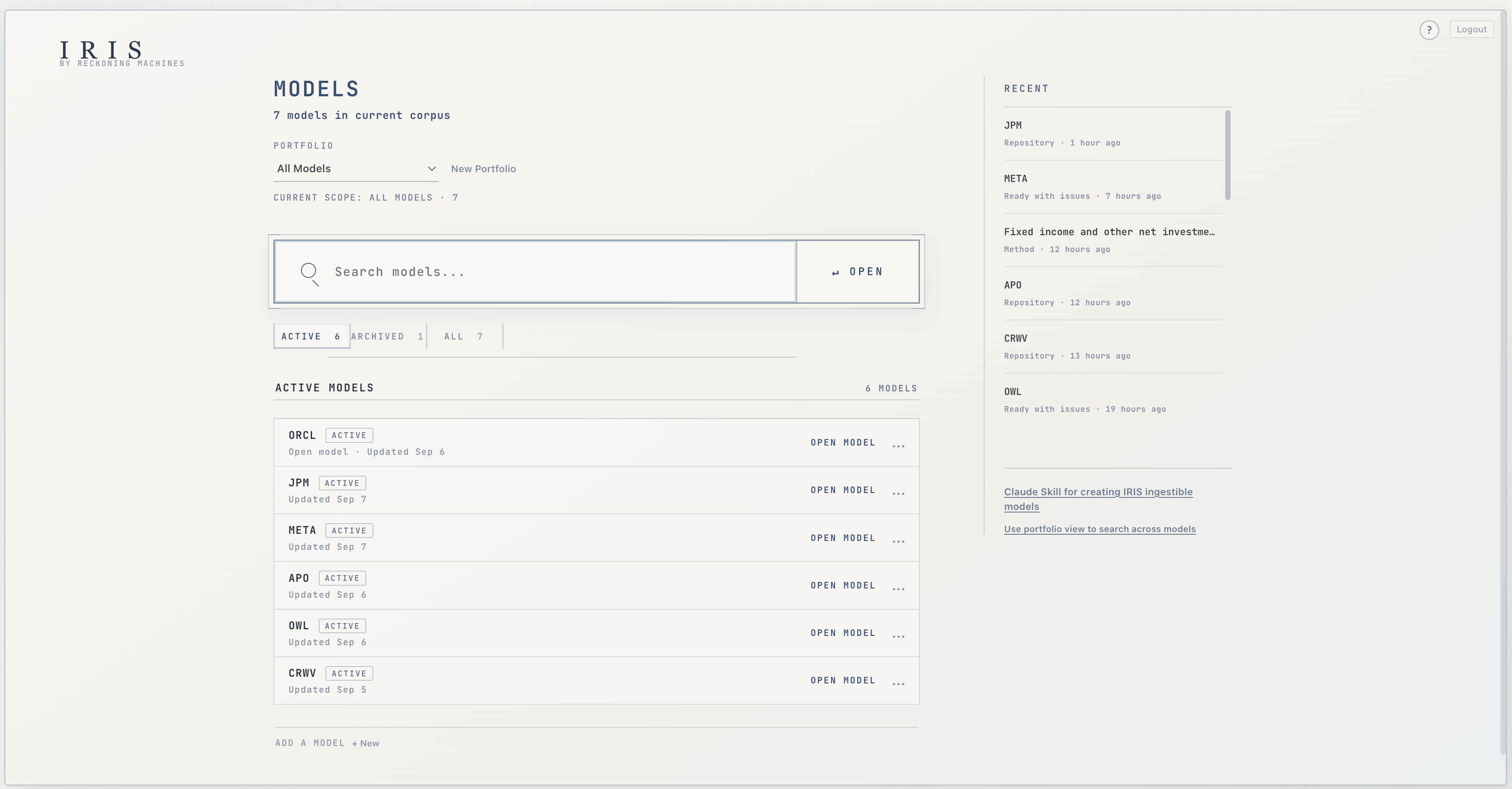 IRIS Models page with portfolio scope, model search, active models, and recent model activity