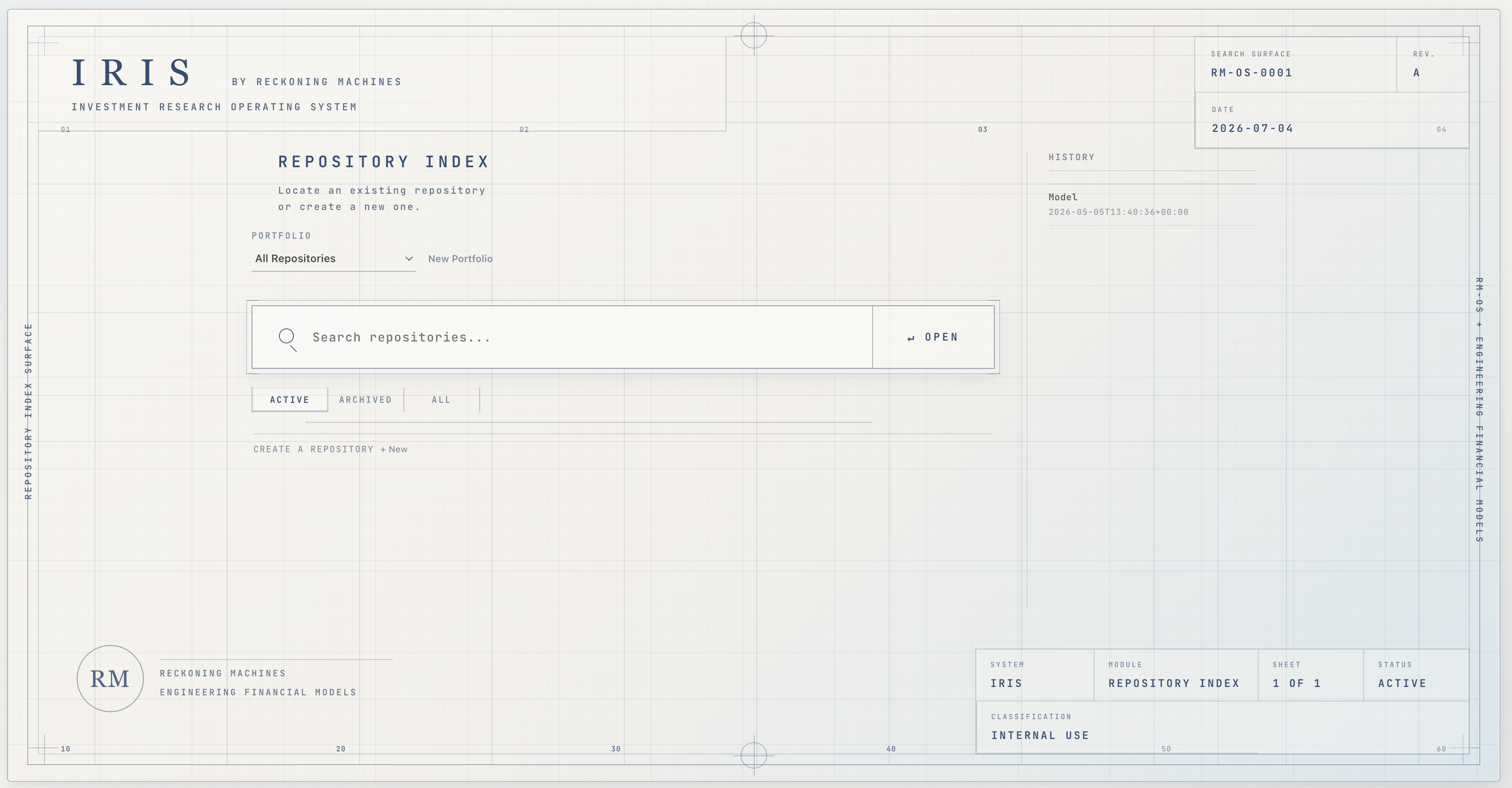 IRIS repository index with repository search and investment research workspaces