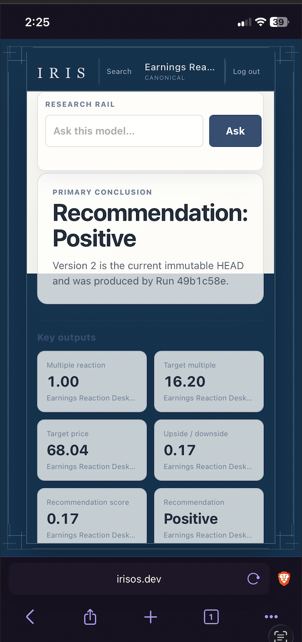 IRIS Meeting Mode on a phone showing a positive recommendation and key model outputs