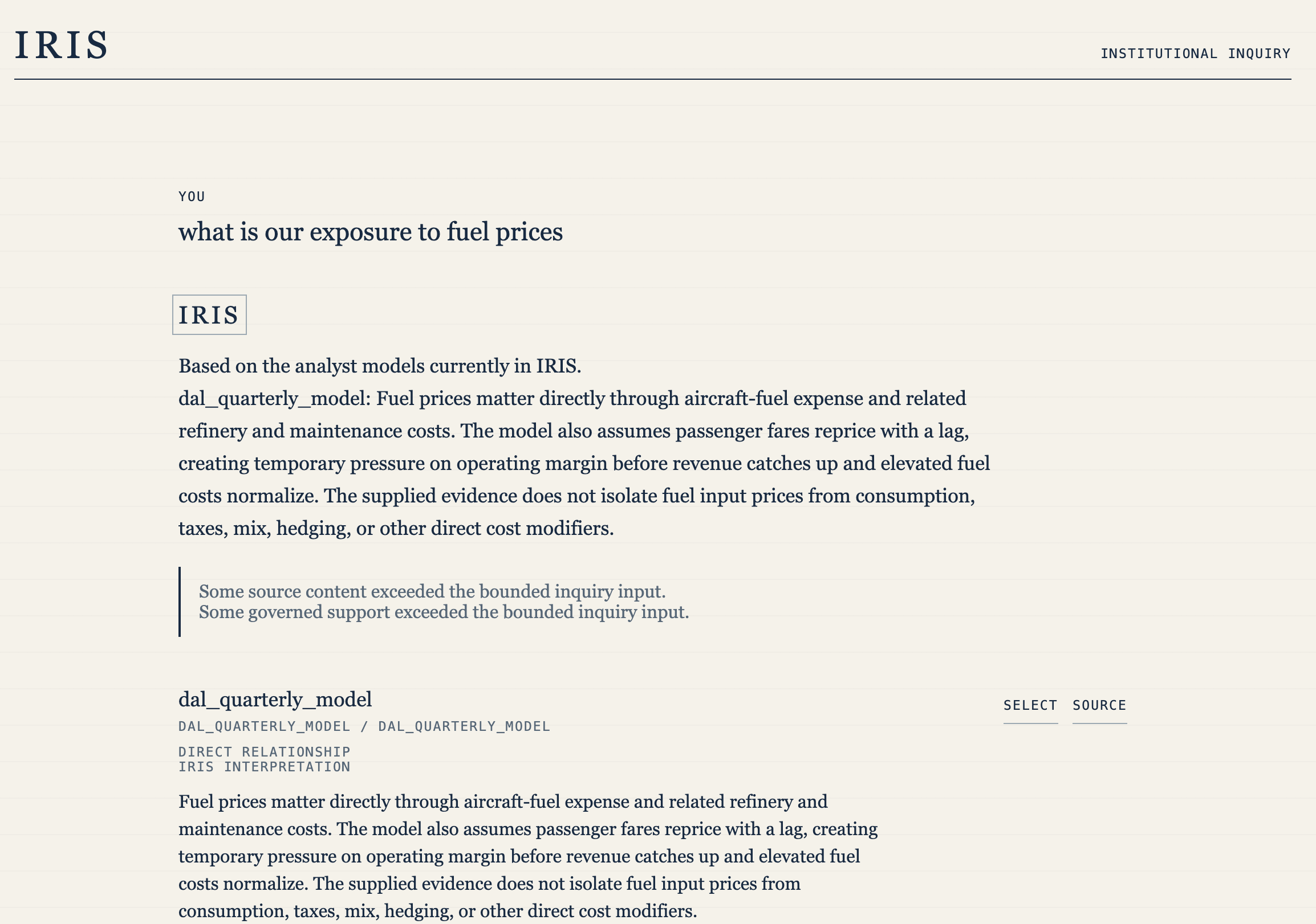 IRIS PM search results for fuel-price exposure across portfolio models