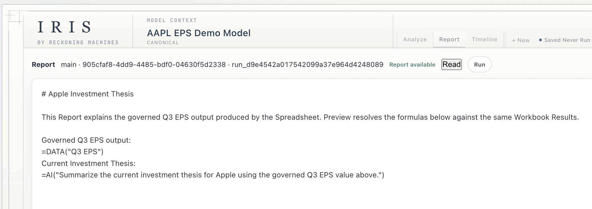 IRIS Report editor showing an Apple Investment Thesis with governed data and AI formulas