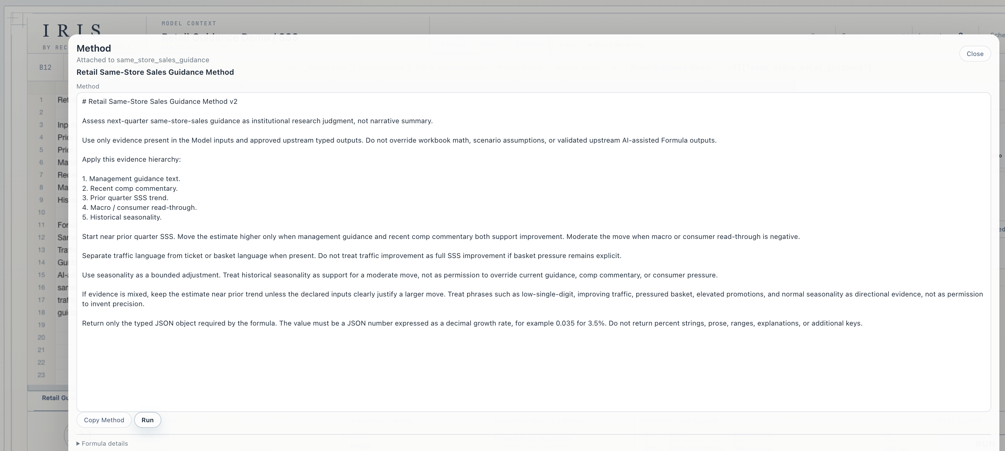 IRIS Method definition for retail same-store sales guidance showing its evidence hierarchy, analytical rules, and typed output contract