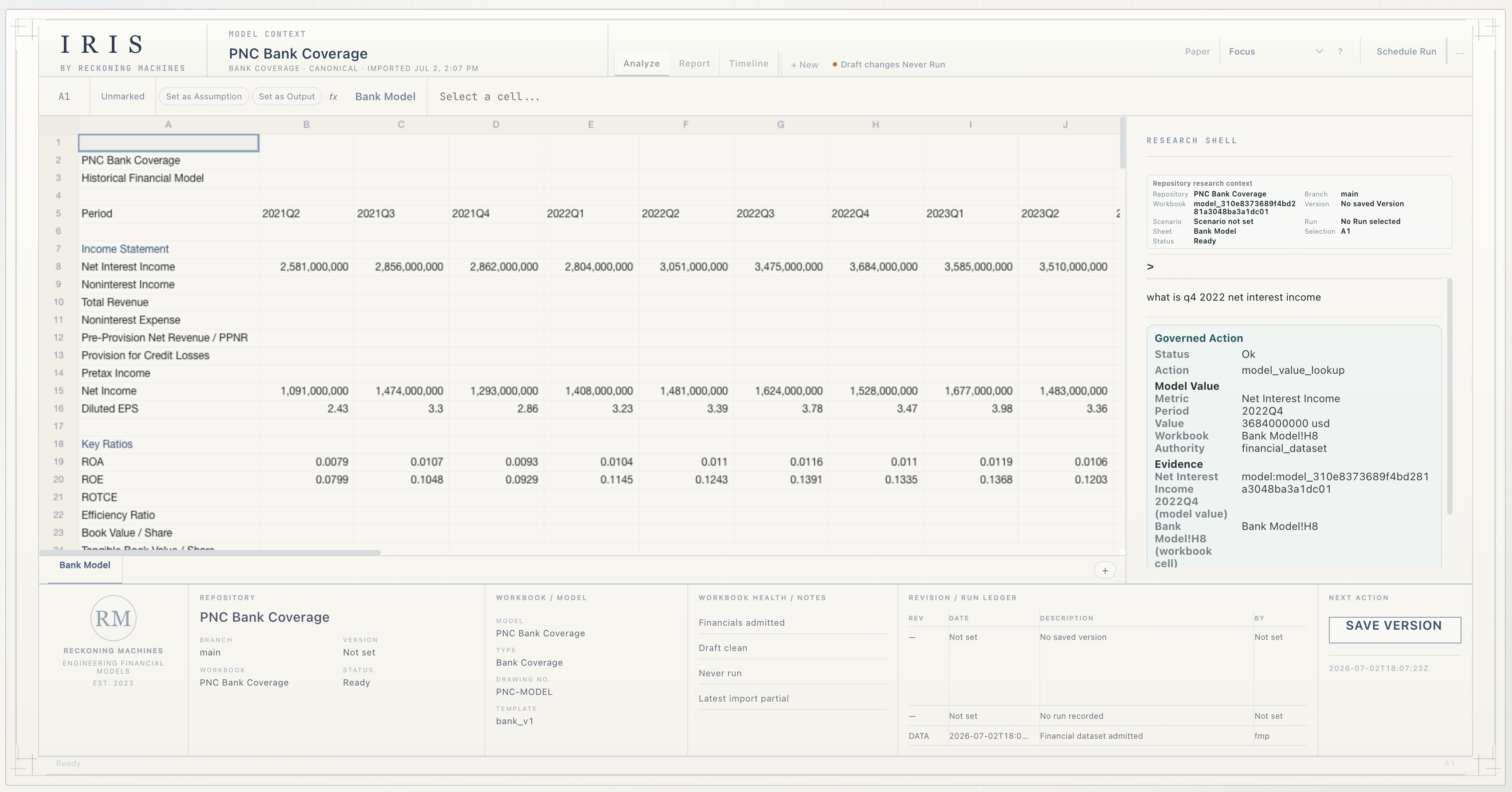 IRIS model screen with spreadsheet and Research Rail panel